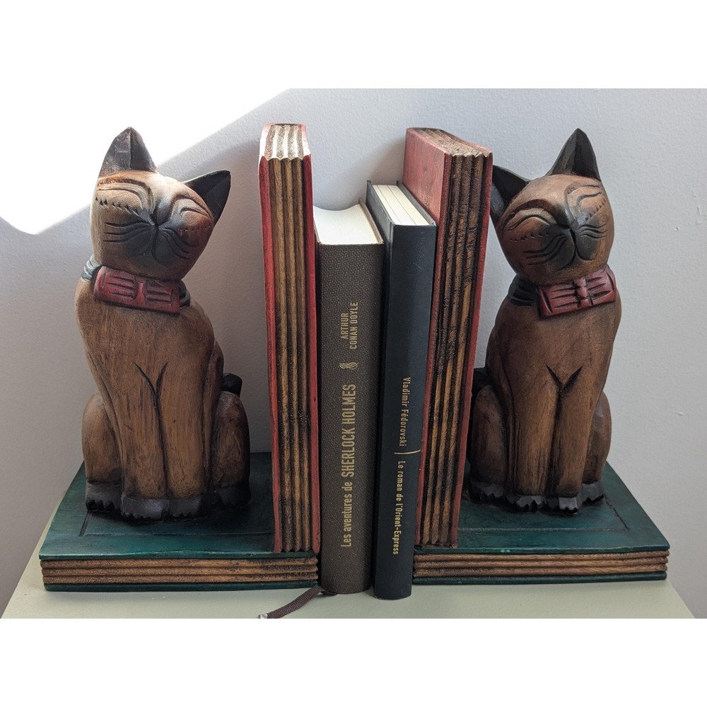 Vintage Hand Carved Wooden Cat Bookends Folk Art Library Decor Set